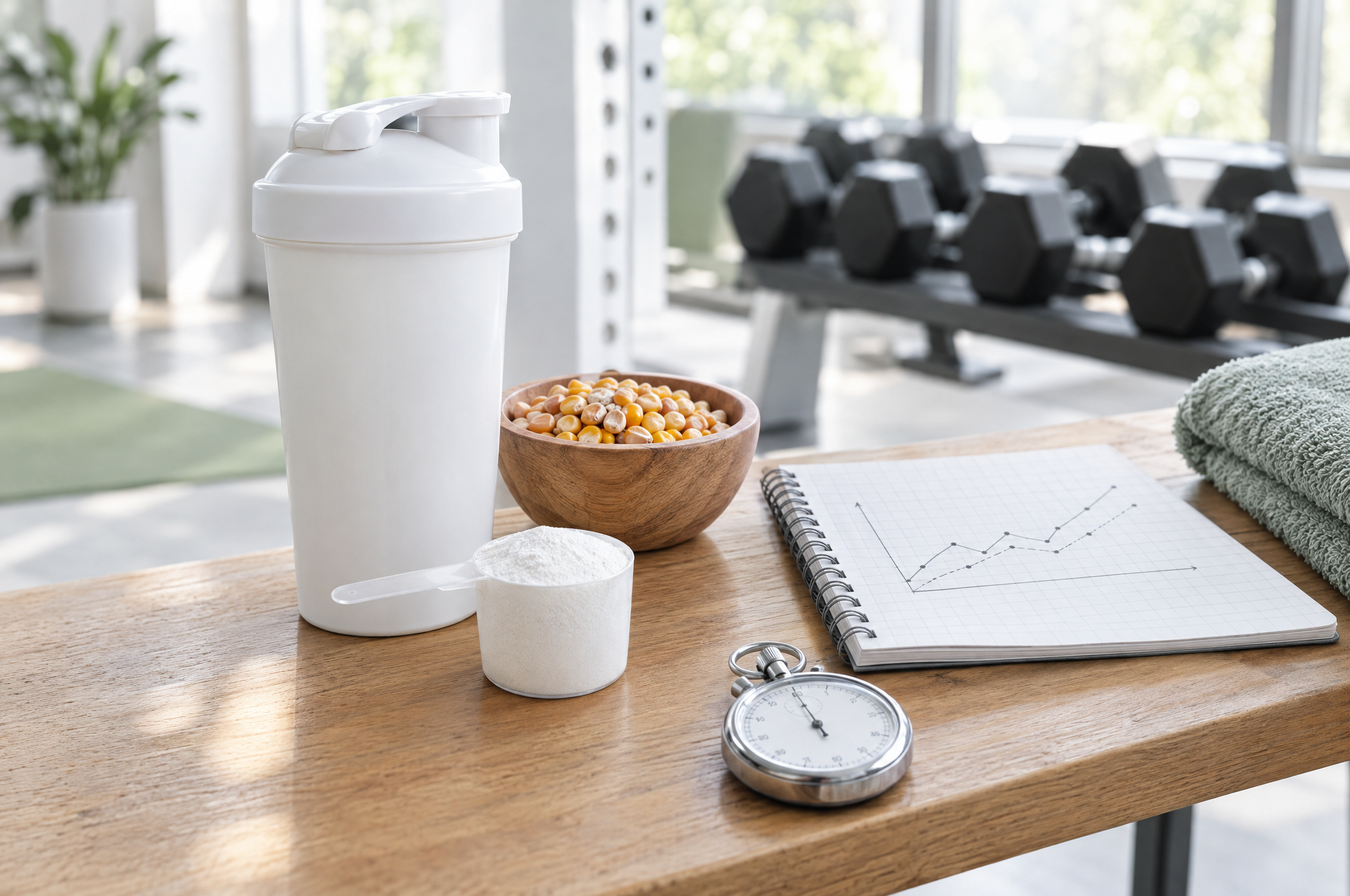 Shaker bottle, scoop of powder, corn kernels and a training notebook on a gym bench, illustrating human research on Velositol (amylopectin-chromium)
