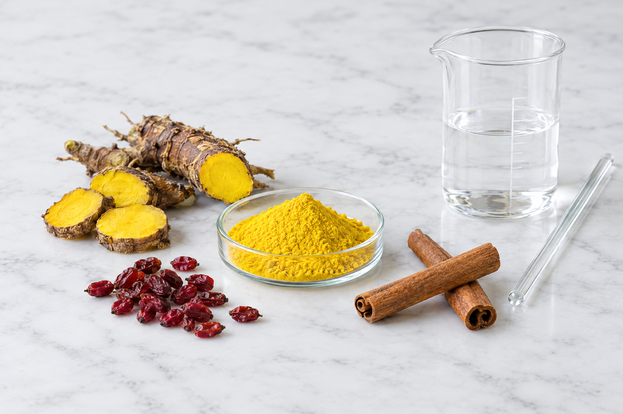 Cut barberry root with yellow powder, dried barberries and Ceylon cinnamon sticks next to lab glassware