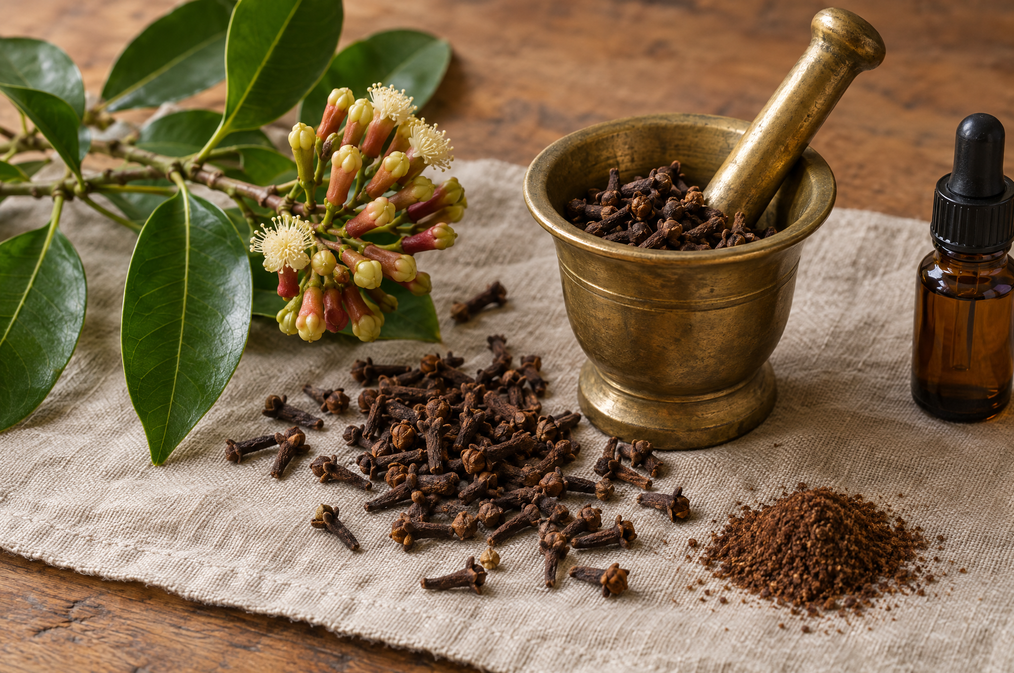 Dried clove buds in a brass mortar with ground clove, a fresh clove bud cluster and a small amber dropper bottle
