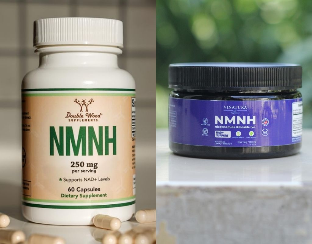 Side-by-side comparison of Double Wood NMNH and Vinatura NMNH supplement bottles.