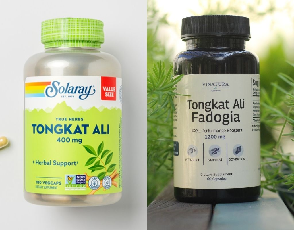 Side-by-side view of Vinatura and Solaray Tongkat Ali bottles.