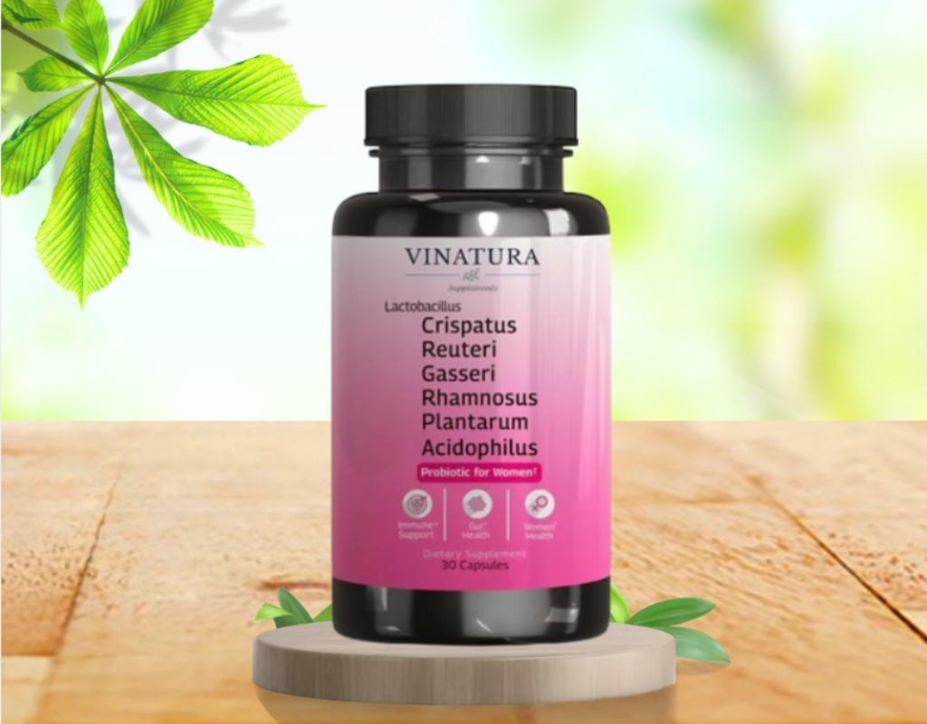 A bottle of Vinatura Women Probiotics on a wooden stand.