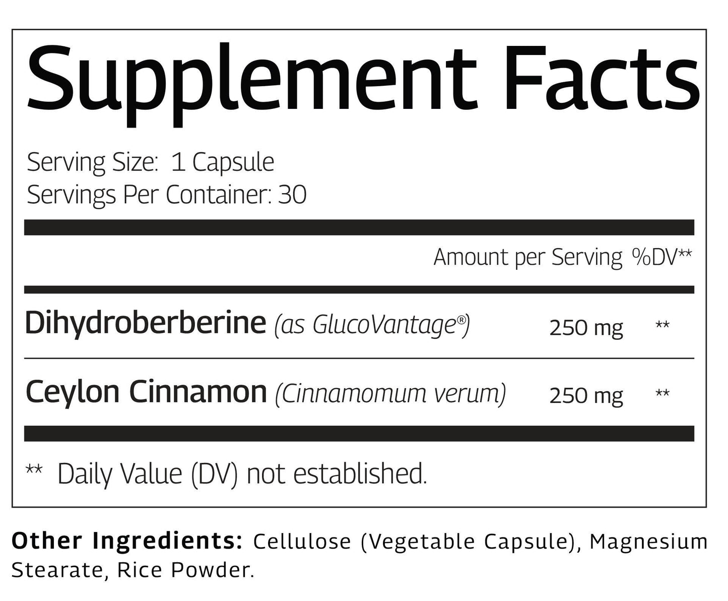 Supplement facts label with Dihydroberberine and Ceylon Cinnamon on a white background