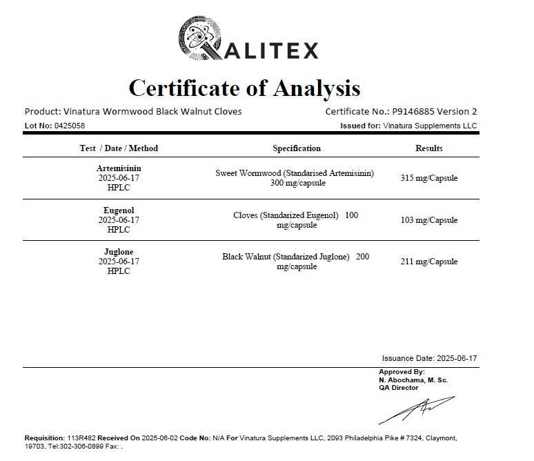 Wormwood parasite cleanse Vinatura Supplement COA