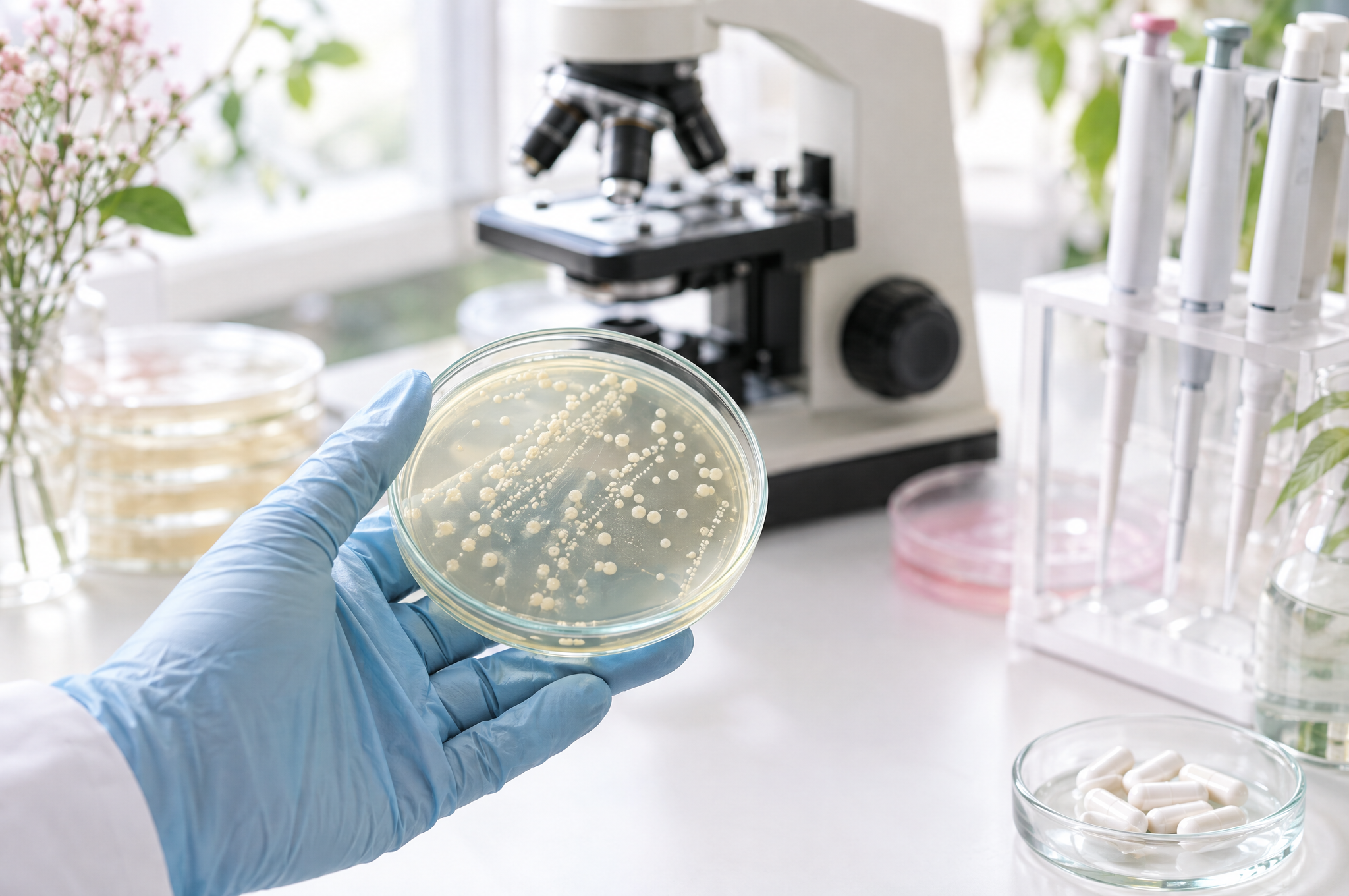 Gloved hand holding a petri dish of bacterial colonies in a microbiology lab, illustrating human research on Lactobacillus crispatus