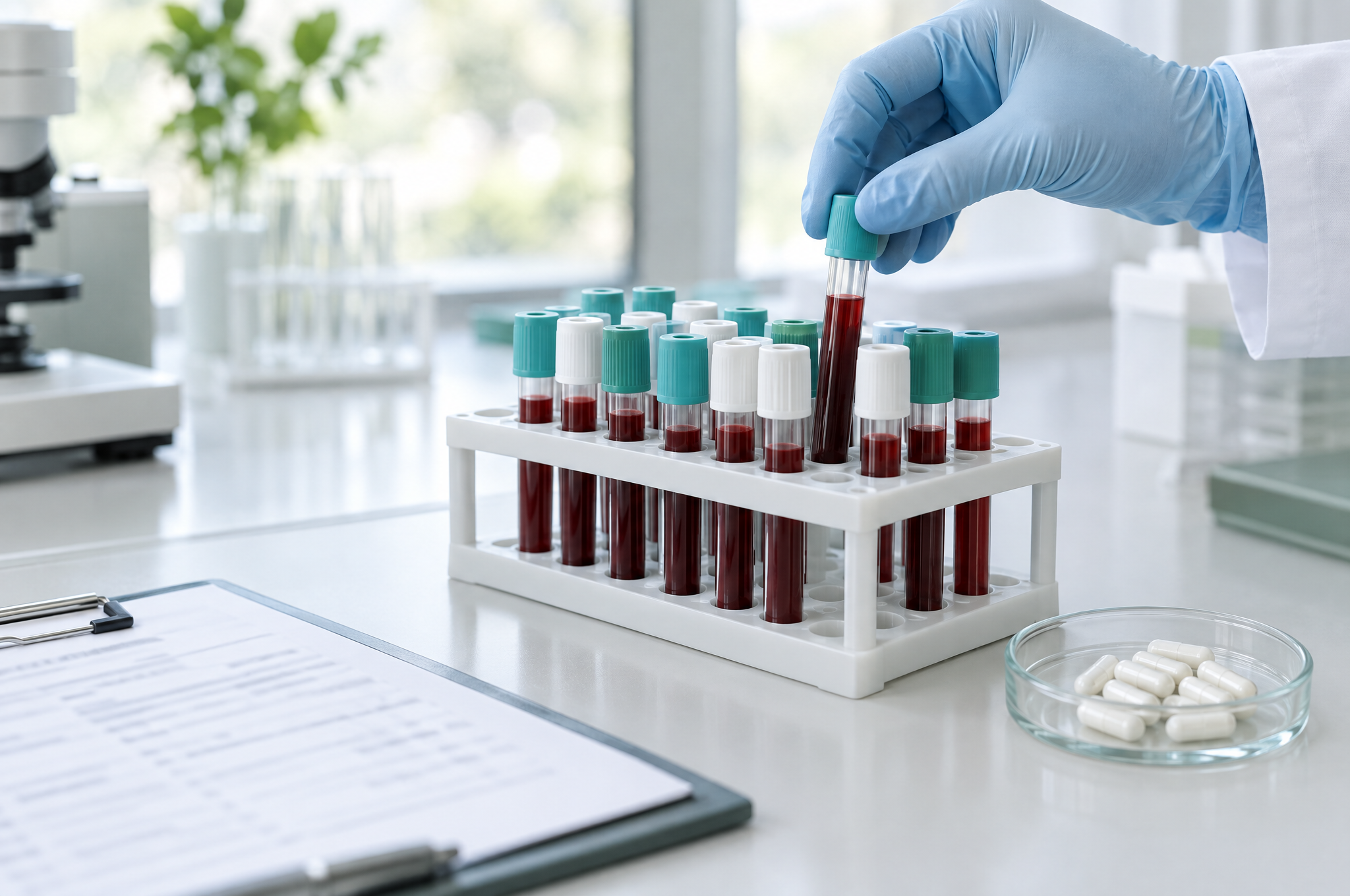 Blood sample tubes in a rack and white capsules in a clinical research lab, illustrating a review of human NMN supplement trials