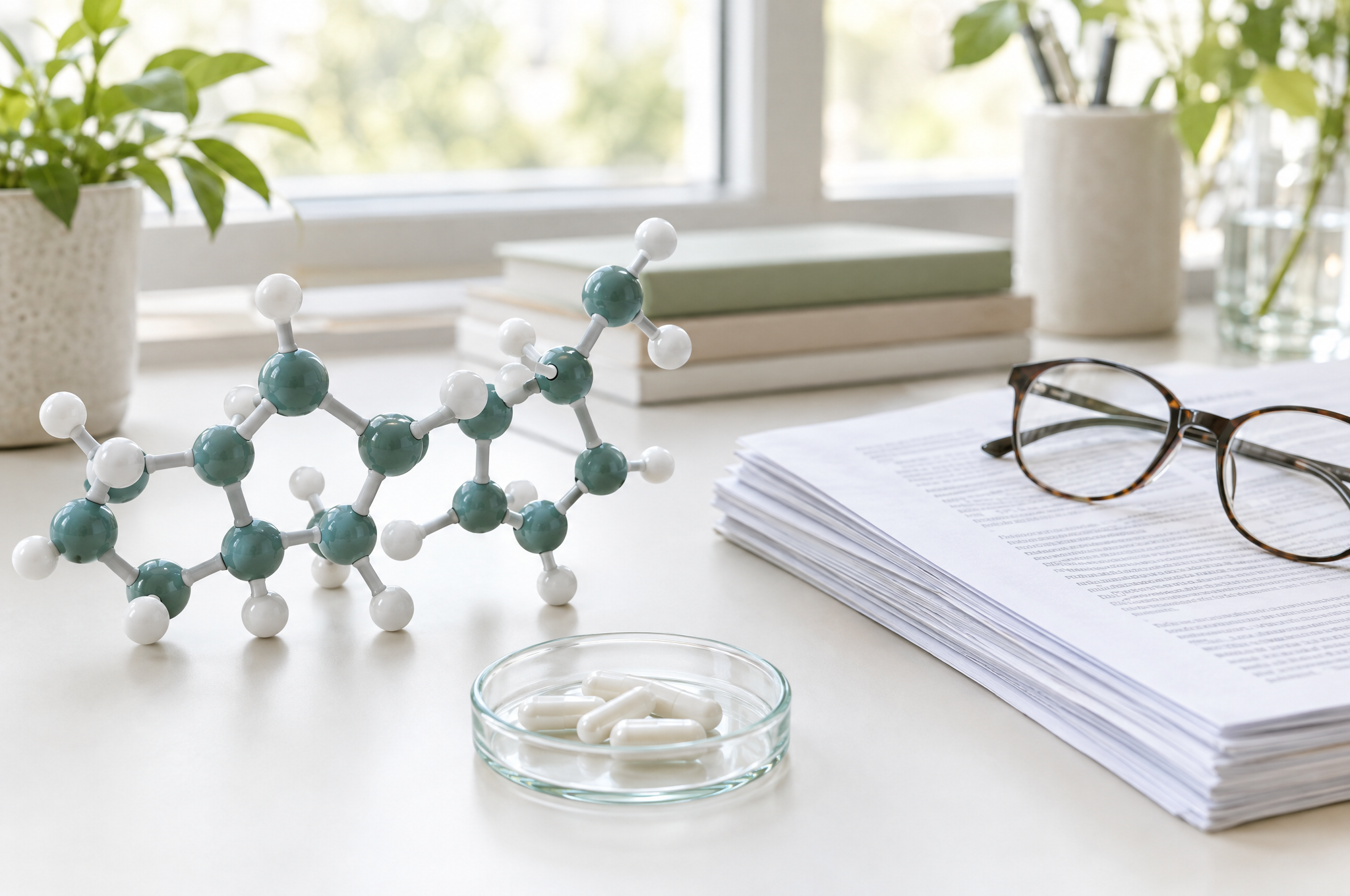 Molecular model, white capsules and printed research papers on a desk, illustrating a review of human research on oral NAD+ supplements