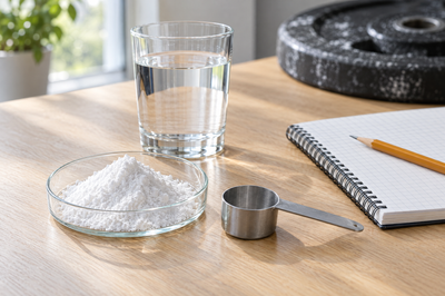 White creatine monohydrate powder in a glass dish with a measuring scoop and a glass of water