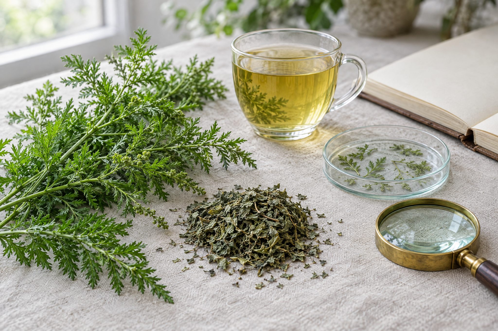 Fresh and dried sweet wormwood (Artemisia annua) leaves beside a cup of herbal tea and a magnifying glass