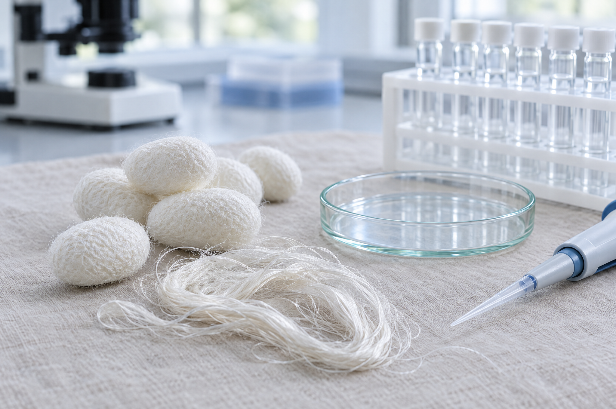 Silk cocoons and raw silk beside a petri dish and pipette in a microbiology lab