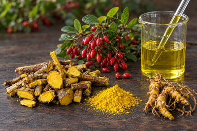 Cut barberry root, yellow berberine-rich powder, fresh barberries and goldthread rhizome beside a laboratory beaker