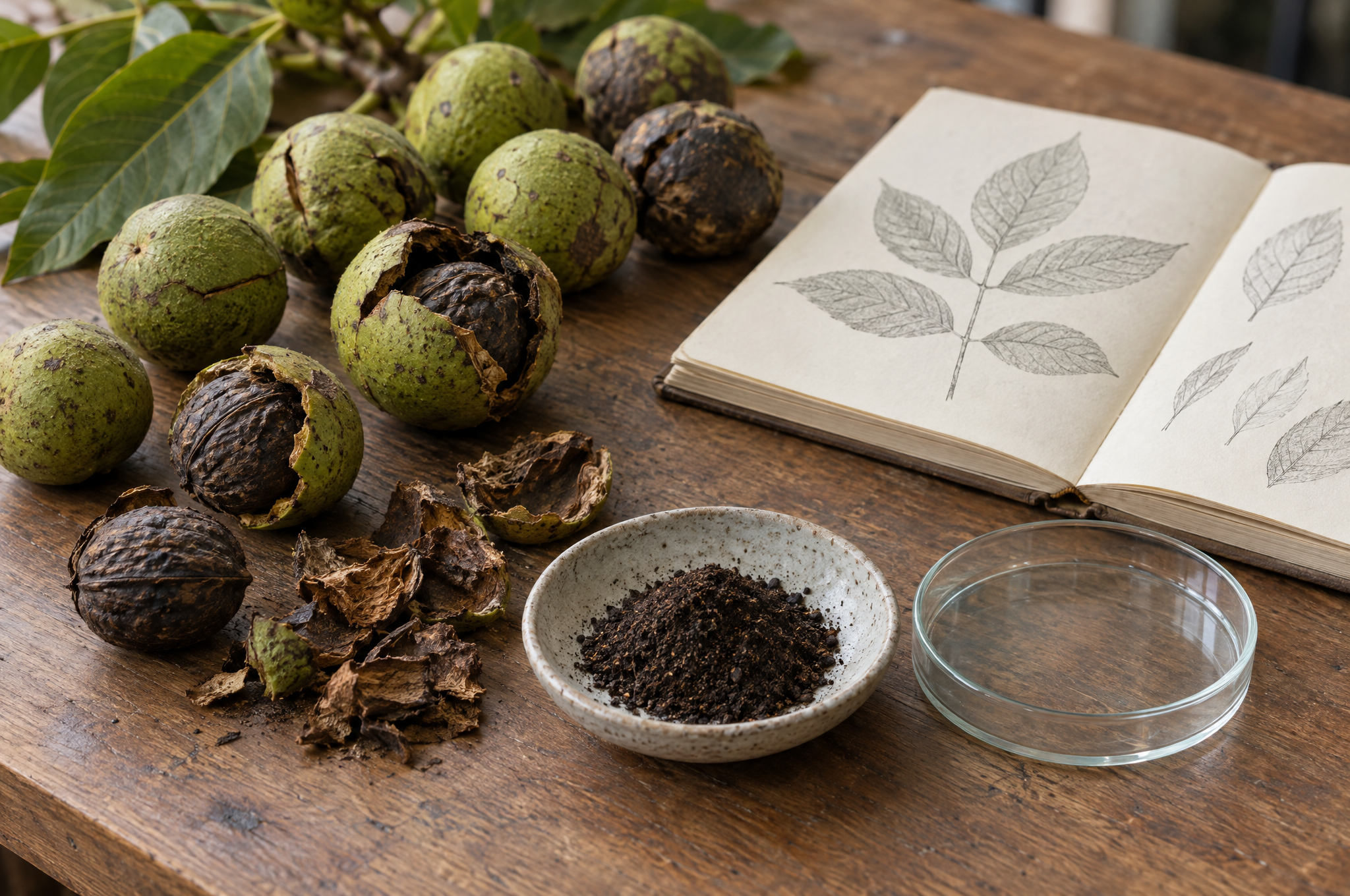 Black walnuts in green and dark outer hulls with dried hull pieces and ground hull powder beside a petri dish and a botanical notebook
