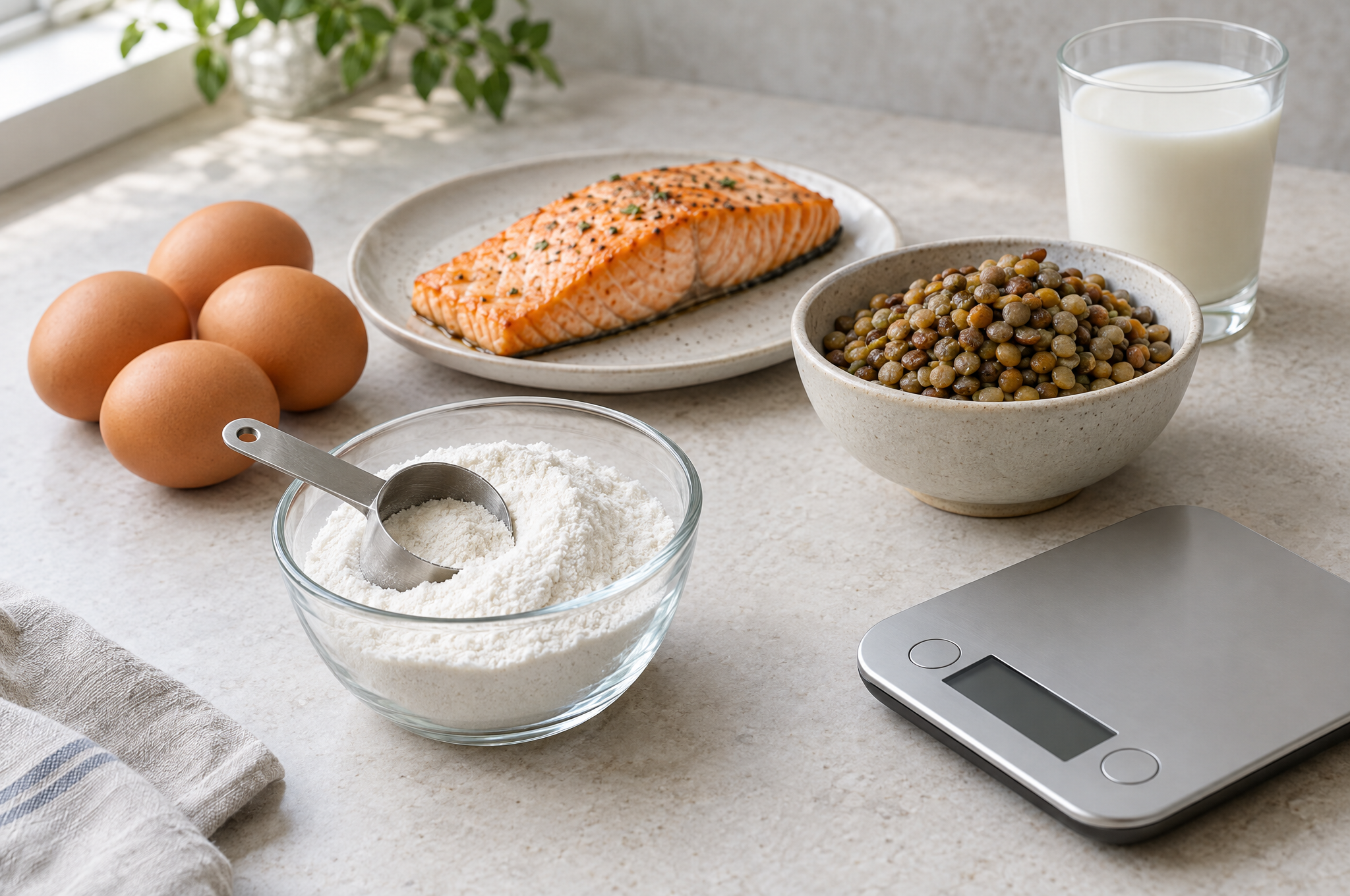 White amino acid powder with a measuring scoop next to eggs, salmon, lentils, milk and a kitchen scale