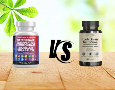Side-by-side comparison of two lumbrokinase supplement bottles.