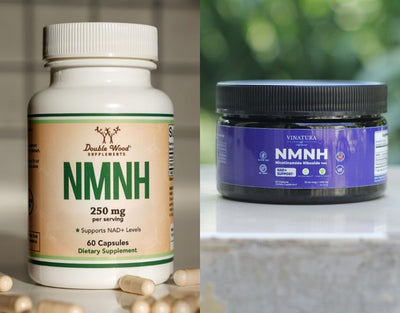 Side-by-side comparison of Double Wood NMNH and Vinatura NMNH supplement bottles.