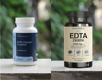 Side-by-side view of Life Enhancement and Vinatura EDTA supplement bottles.