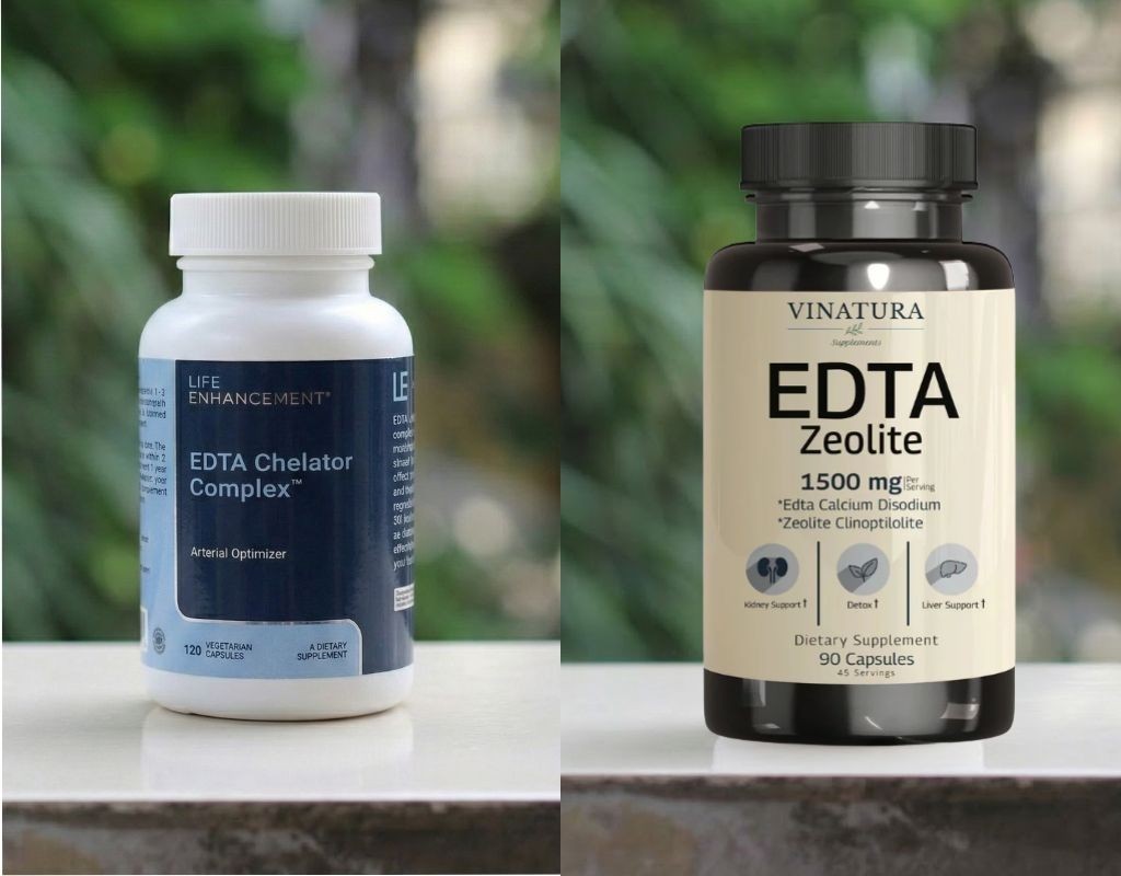 Side-by-side view of Life Enhancement and Vinatura EDTA supplement bottles.