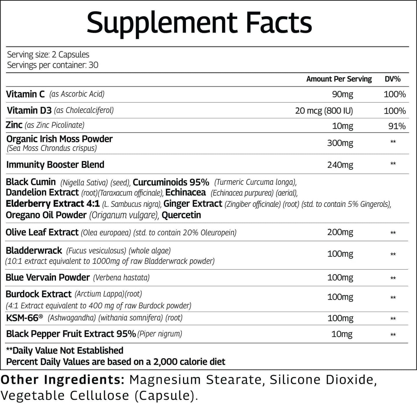 Sea Moss, Blue Vervain, Olive Leaf Extract, Ashwagandha 1250mg