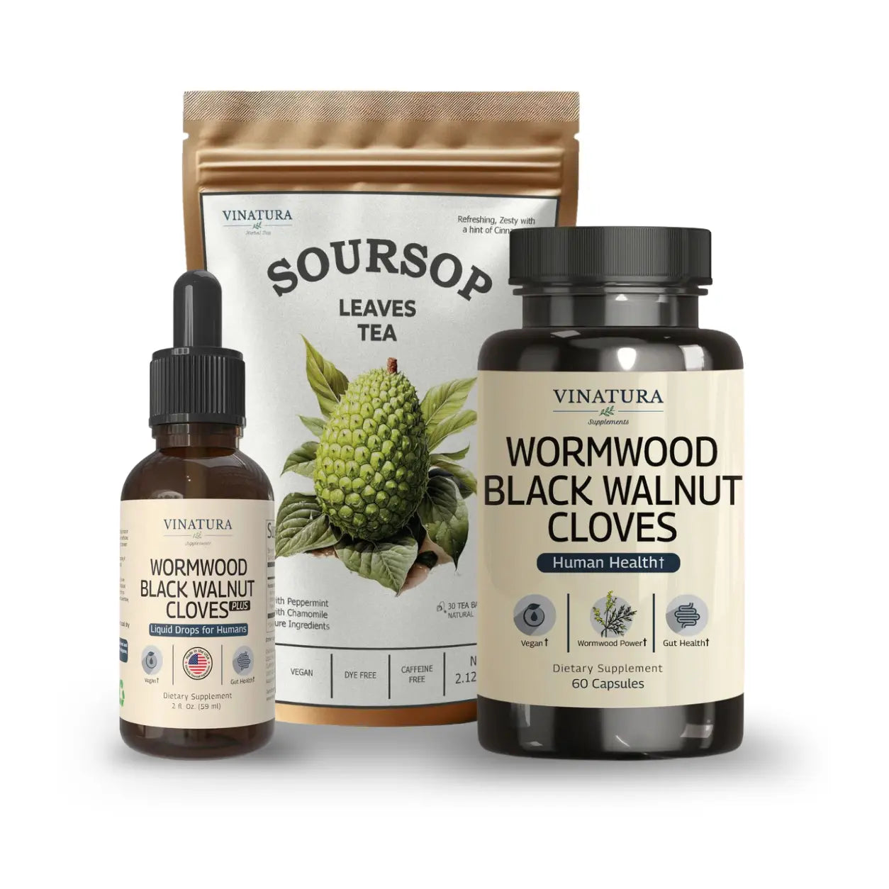 Summer Cleanse & Clean — Gut Cleanse & Parasite Protocol | Wormwood Black Walnut Cloves + Wormwood Black Walnut Cloves Liquid + Soursop Leaves Tea